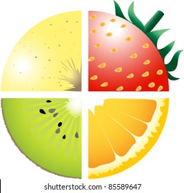 Vector apple, kiwi, orange and strawberry isolated on white.