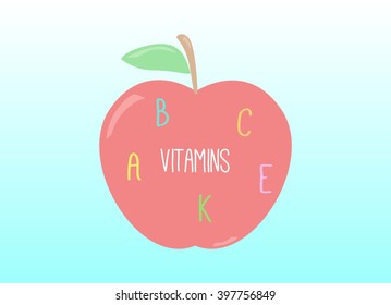 Vector of apple with leaf and text on blue background
