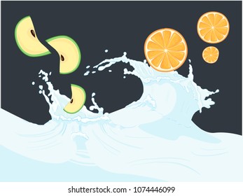 Vector apple and orange fall in yogurt splash