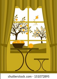 vector apple orchard outside the window
