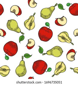 Diseño de manzanas vectoriales y peras sin fisuras en fondo blanco. Ilustración dibujada a mano para menús, anuncios