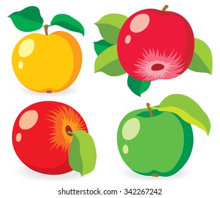 Vector apple. Red, green and yellow apple fruits with leaves, collection of vector illustrations