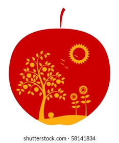 vector apple with rural landscape decor on white background