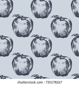 Vector apple seamless pattern, hand drawing sketch illustration. Rustic retro design.
