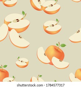 Vector apple seamless pattern on a beige background. Whole, half and quarter. For printing on fabrics, packaging, napkins, various backgrounds.