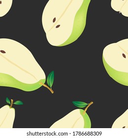 Vector apple seamless pattern on a beige background. Whole, half and quarter. For printing on fabrics, packaging, napkins, various backgrounds.