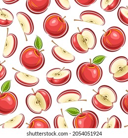 Vector Apple Seamless Pattern, square repeating background of whole and sliced cartoon red apples with seeds, decorative poster with cut out illustrations of various ripe fruits on white background.