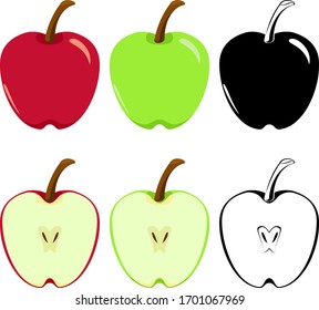 Vector Apple set, full and split in red,green and black variations