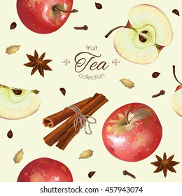 Vector apple tea seamless pattern. Background design for tea, juice, natural cosmetics, sweets and candy with apple filling, farmers market,health care products. Best for textile,wrapping paper.