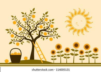 vector apple tree, basket of apples and sunflowers