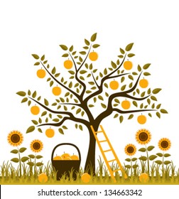 vector apple tree, basket of apples and sunflowers