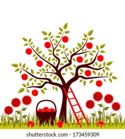 vector apple tree, basket of apples and flowers