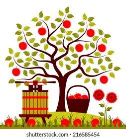 vector apple tree, basket of apples and fruit press