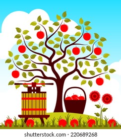 vector apple tree, basket of apples and fruit press