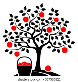 vector apple tree and basket of apples isolated on white background