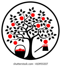 vector apple tree with basket of apples and fruit picker in round isolated on white background