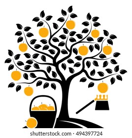 vector apple tree with basket of apples and fruit picker isolated on white background