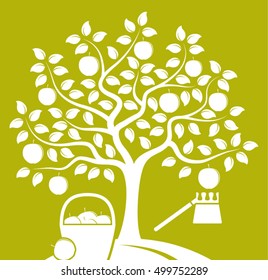 vector apple tree with basket of apples and fruit picker isolated on green background