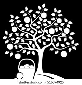 vector apple tree and basket of apples isolated on black background