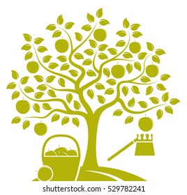 vector apple tree with basket of apples and fruit picker isolated on white background