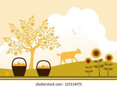 vector apple tree, baskets of apples, sunflowers and goat