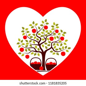 vector apple tree and baskets of apples in heart