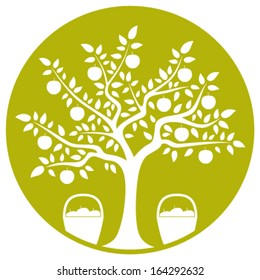 vector apple tree and baskets of apples isolated on green round