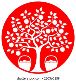vector apple tree and baskets of apples isolated on red round background