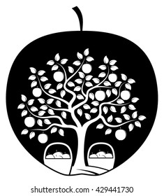 vector apple tree and baskets of apples in apple isolated on white background
