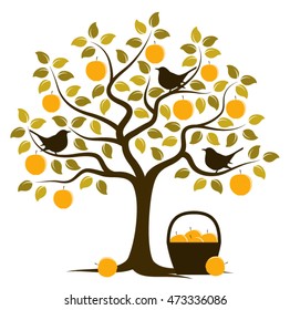 vector apple tree with birds and basket of apples isolated on white background