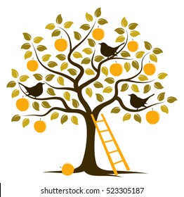 vector apple tree with birds and ladder isolated on white background