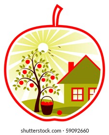 vector apple tree and cottage in apple on white background