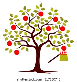 vector apple tree and fruit picker isolated on white background