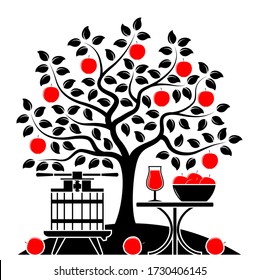 vector apple tree, fruit press and table with apple drink isolated on white background