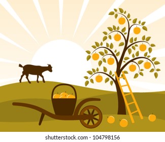 vector apple tree and hand barrow with basket of apples
