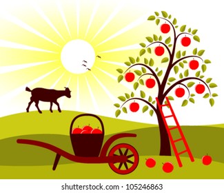 vector apple tree and hand barrow with basket of apples