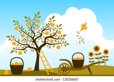 vector apple tree and hand barrow with basket of apples