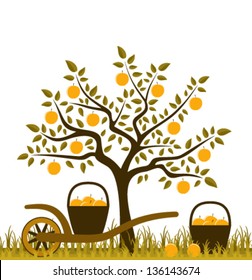 vector apple tree and hand barrow with basket of apples