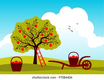 vector apple tree and hand barrow with basket of apples