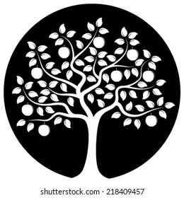 vector apple tree isolated on black round