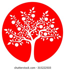 vector apple tree isolated on red round