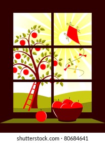 vector apple tree and kite outside the window