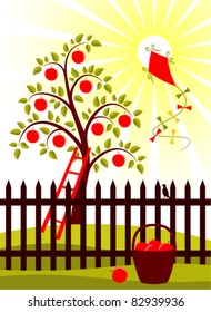 vector apple tree, kite and picket fence with basket of apples