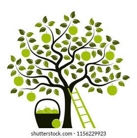 vector apple tree, ladder and basket of apples isolated on white background