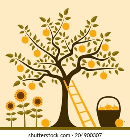 vector apple tree with ladder, basket of apples and sunflowers