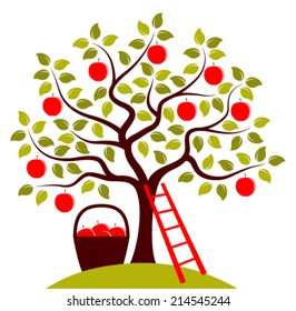 vector apple tree, ladder and basket of apples