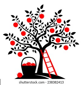 vector apple tree, ladder and basket of apples isolated on white background