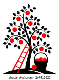 vector apple tree, ladder and basket of apples isolated on white background