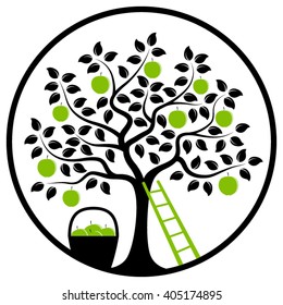 vector apple tree, ladder and basket of apples in round isolated on white background
