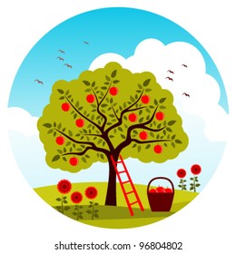 vector apple tree, ladder and basket of apples